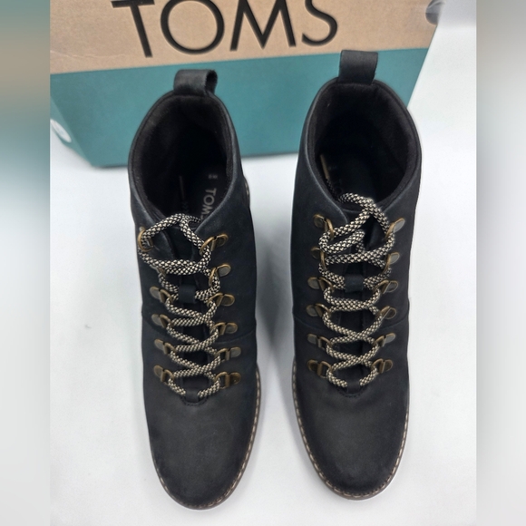 Toms Wedge Boot Melrose Black Water Resistant Lace Up Womens Size 8 New With Box - Picture 6 of 16